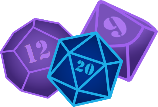 Illustration of three dice a d20. d12 and a d10